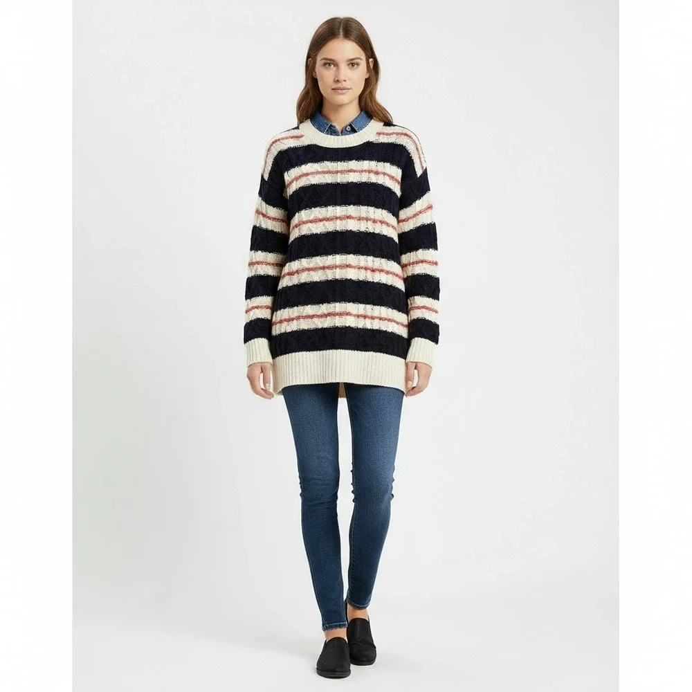 J.Crew Oversized Cozy Tunic Pullover Sweater Striped Cable Knit Crew Neck‎